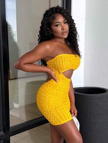 Alexandranx 夏季性感音樂節無肩帶腰部空心緊身迷你裙玫瑰紅色荷葉邊布料女裝連衣裙-G - 黃色 - 查看 4