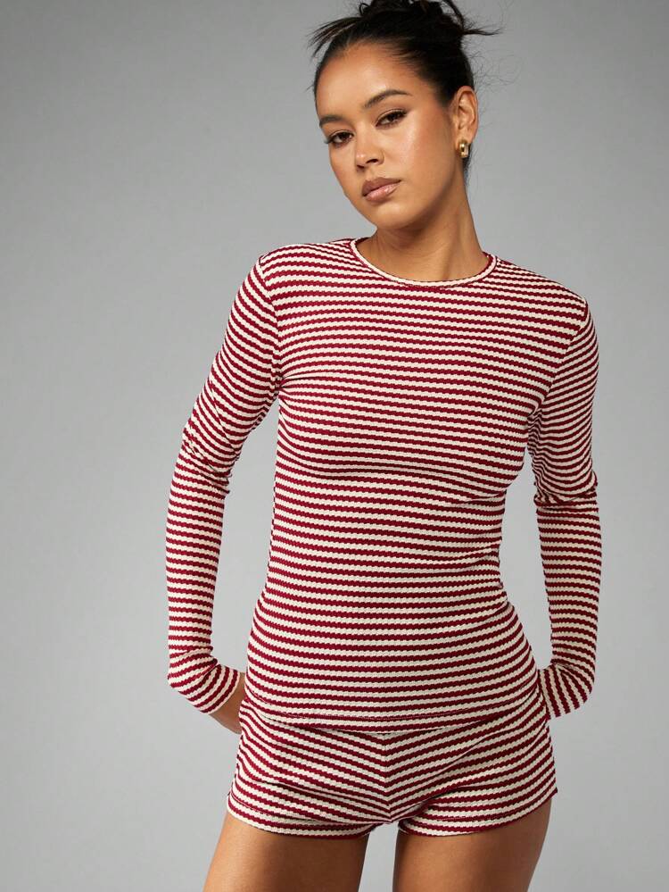 MISSGUIDED Zestaw odzieży domowej w paski w stylu retro, prążkowana dzianina, krótki rękaw, szorty z wysokim stanem, swobodny, przytulny, świąteczny strój wypoczynkowy