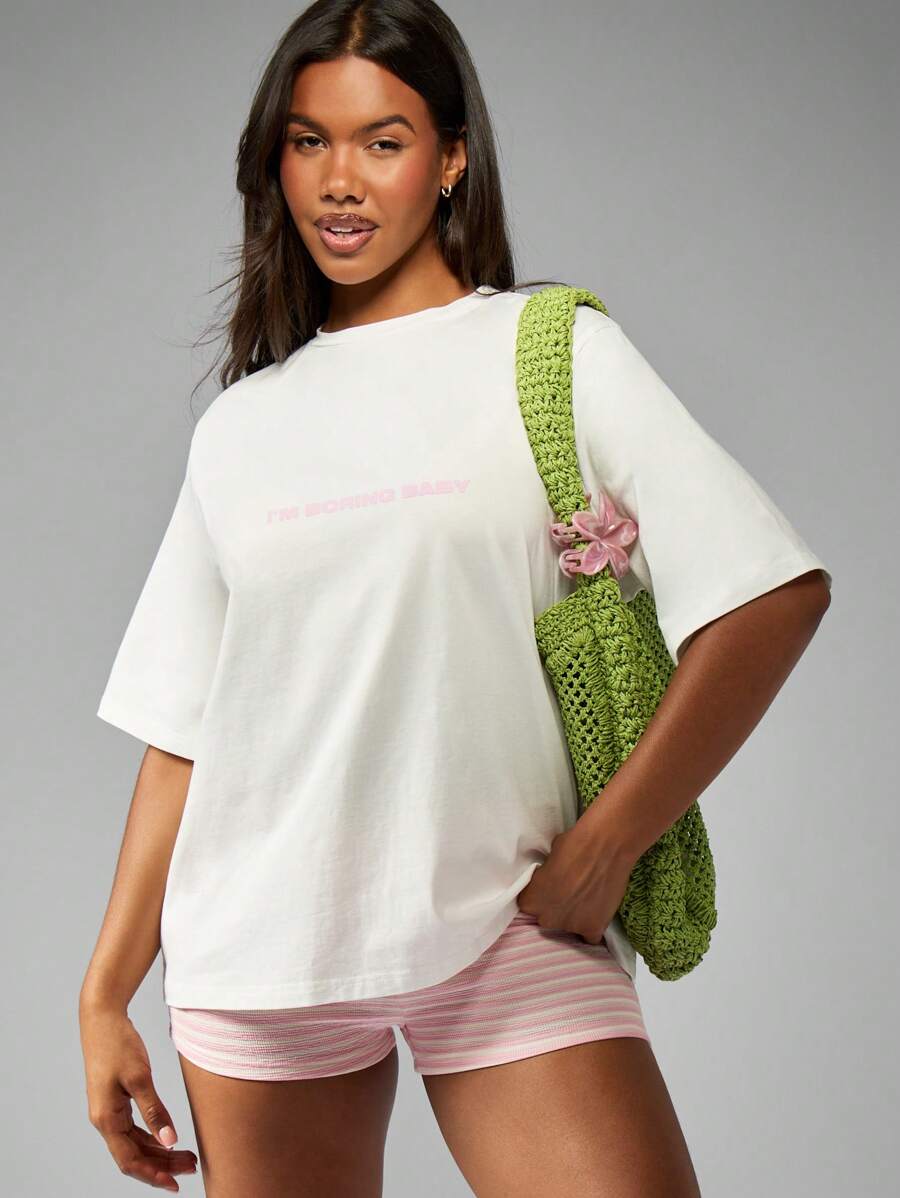 MISSGUIDED 超大号纯棉基本款 T 恤休闲夏季春季休闲街头潮流粉色文字时尚必备简约周末装 - 白色 - 查看 1