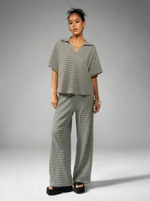 MISSGUIDED Sommer gestreifter Resort Co-Ord Set mit weitem Bein, lässige Urlaubsstrand Loungewear, Strandurlaub Zweiteiler mit weitem Kragen