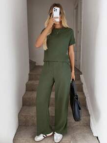 SHEIN LUNE 素色T恤和闊腿褲 - 軍綠色 - 查看 4