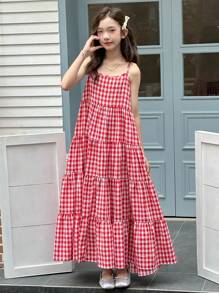 DAZY 少女梭织格子吊带裙，夏季 - 紅色 - 查看 4