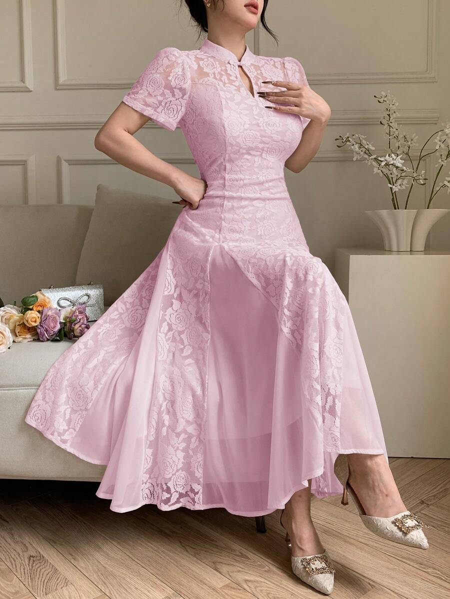 Modelyn Women's Elegant Solid Color Lace Patchwork Dress - Pink - View 1