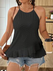 SHEIN LUNE Plus Size Summer Eyelet Embroidery Halterneck Top - Black - View 4