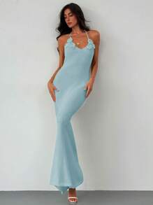 Aloruh Romantic Date Vacation Backless Wrap Tie Tight Knitted Floral Pattern Ladies Dress - Baby Blue - View 7