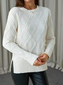 EURMUSE Women Solid Round Neck Split Hem Knit Sweater,Jumper,Cream Jumper,Jumpers,Black Jumper,Womens Jumper,White Jumper,Women's Jumper,Women's Jumpers,Winter Clothes - Cream - View 5