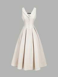 SHEIN MOD ชุดกระโปรงเข่าสีเบจ คอปกและติดกระดุงน้าตรงหน้า เอวรัด