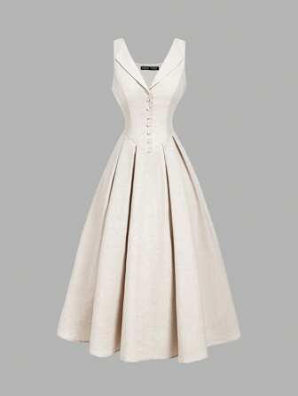 SHEIN MOD Vestido midi en beige con cuello vuelto, cierre de botones delantero y cintura ceñida