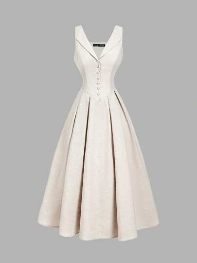 SHEIN MOD Women's Elegant Beige Button Mid-Calf Dress ,Turndown Collar, Button Front And Waist Cinched,Retro,Vintage,Vacation,Country Concert Outfit,Boho,Brunch Outfits For Women,Office Outfits For Women,Tea Party Dress,Work Clothes Women,Work Clothes Women,Back To School Clothes,Airport Outfit For Women, Vintage Dress, 50s Dress,Corset Midi Dress For Wedding Guest Party, Elegant Vintage Button Front Dress, Old Money Quiet Luxury Look, Structured A Line Skirt, Music Festival, Going Out