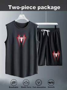 Manfinity Sport Corelite Men Spider Print Vest And Shorts Sports Set