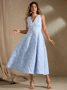 Flirla Váy chữ A in hoa tay bồng cỡ lớn cho nữ, màu vàng - Màu xanh lam - Xem 6