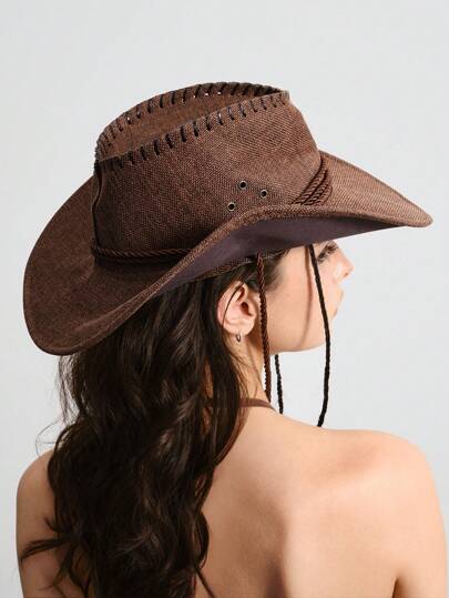 Hippie 1pc Retro Solid Color Wide Brim Hat, Daily Beach, Grassland Sun Protection Cap
