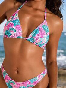 Opulessa Women Shell Print Halter Tie Sexy Bikini 2-Piece Swimsuit Set, Summer Beach,Holiday Outfits,Holiday Clothes,High Waisted Bikini, High Waisteo Bathing Suit,Thong Bikini Set,Beach Outfits For Woman,Vacation Outfits Woman,Bikini Set,Y2k,Y2k Clothes Y2k,Y2k Tops Y2k ,Y2k Clothes Women - Multicolor - View 3