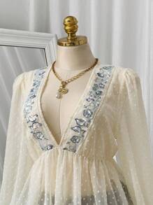 SHEIN Clasi Plus Size Floral Lace Patchwork Chiffon Blouse, Resort Style, Spring/Summer Elegant Exquisite - Apricot - View 2