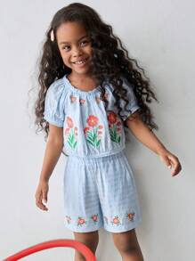 Maija Kids Maija Kids 2件套少女花卉印花宽松袖衬衫和短裤套装 - 藍色 - 查看 3