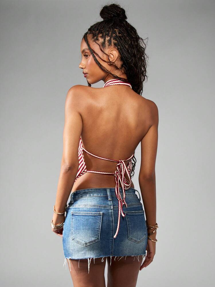 MISSGUIDED Halter Neck Striped Bandeau Tie Back Summer Festival Beach Party Holiday Cropped Tank Top Beachwear Resort Casual Fashion Retro Style Christmas