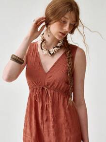 Florisole Women's Deep V-Neck Bohemian Style Drawstring Loose Leg Jumpsuit, Textured Brick Red Color, Spring/Summer - Rust Brown - View 2