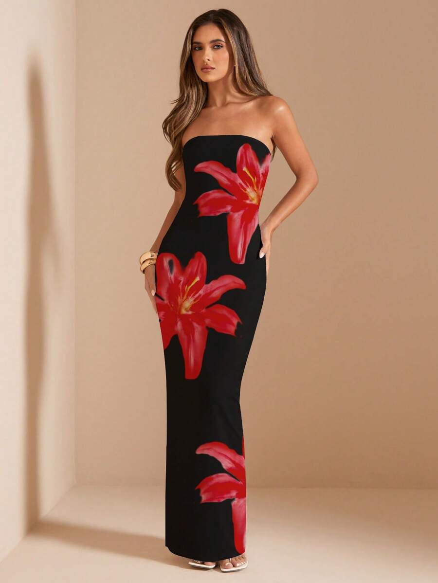 SHEIN BAE 休闲花卉印花抹胸修身连衣裙，完美适合夏季度假