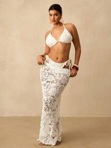 SHEIN VCAY 大码女式白色蕾丝镂空蕾丝裙，优雅性感休闲，适合春夏假期、海滩派对