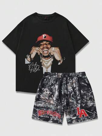 Street Life 2pcs Plus Size Women Street Style American Portrait Chain & Branch Graphic Print Shorts Set