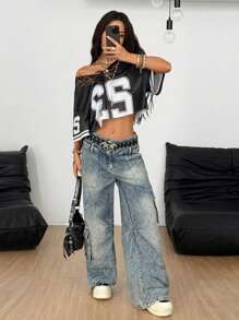 Coolane 女士夏季运动服基本款 Y2K 数字图案撞色蕾丝 V 领针织大码 T 恤 - 黑色 - 查看 5