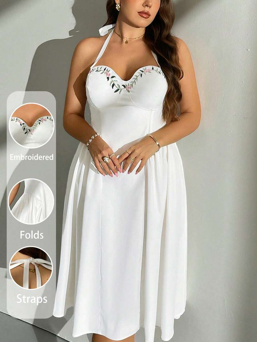 Firerie Plus Size Elegant Simple Delicate Romantic Sweet Lady Valentine's Day Wedding Season Beach Vacation Everyday Embroidered Floral High Waist Pleated A-Line Midi Dress, White Bustier Halter/Valentine's Day/Concert/Performance Costumes/Dating/Senior Banquet/Dance/Wedding Season/Sexy/Elegant/Commuting/Back To School Season/Vacation/Beach/Elegant Romance/Office Enchantress/Siren Style/Birthday Party Outfits - White - View 1