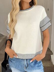 Easowa Women's Stripe Contrast Trim Knit Blouse With Short Sleeve,Knitted Sweater - Multicolor - View 4