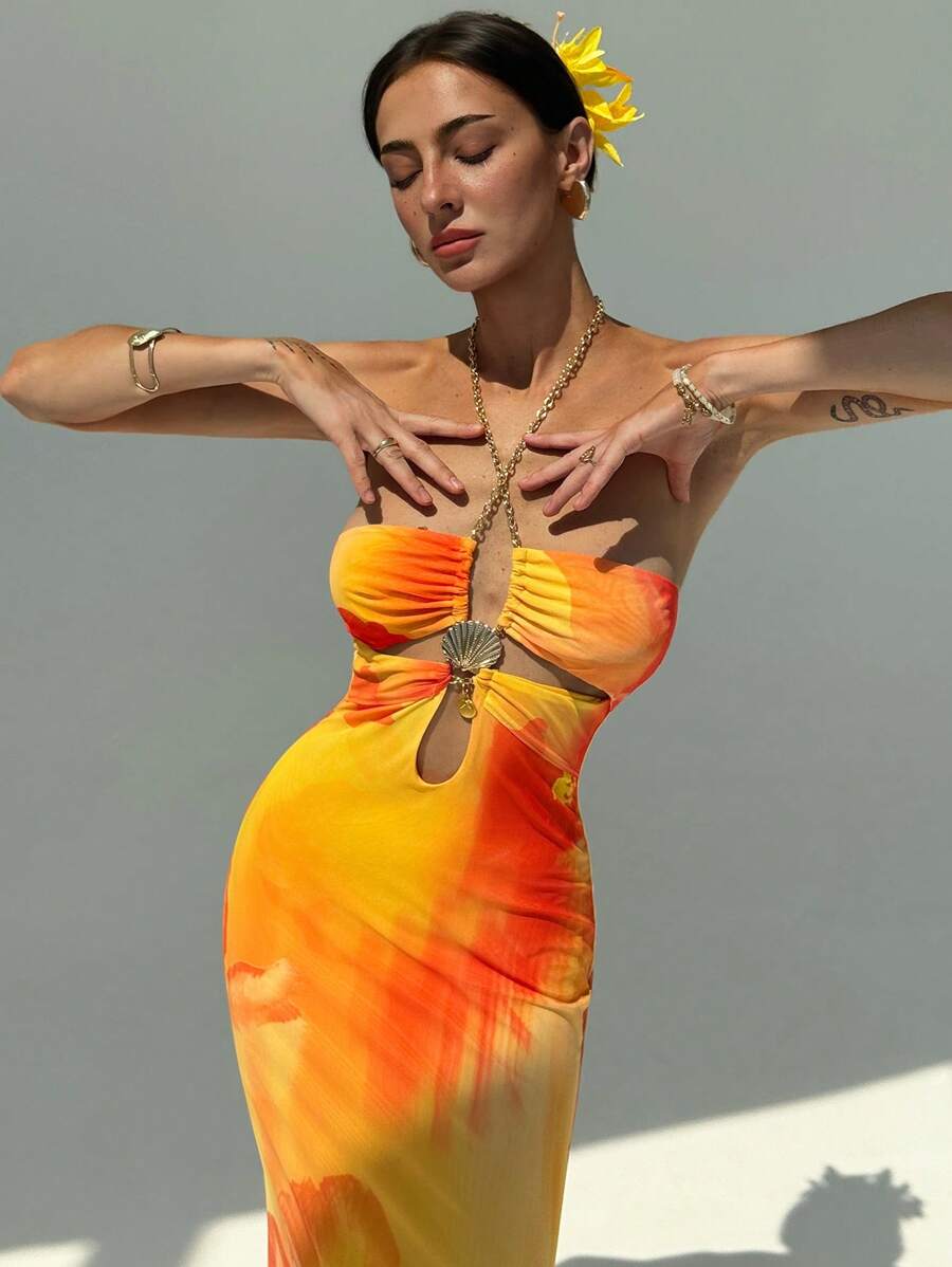 Aloruh 性感度假扎染花卉镂空吊坠修身网眼连衣裙，女款，春夏