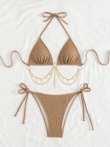 SHEIN Swim 女士纯色露背性感比基尼泳装套装