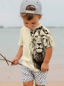 SHEIN 经典黑色水墨凶猛狮子印花休闲舒适时尚短袖圆领 T 恤，适合小男孩，适合夏季、度假、户外、家居