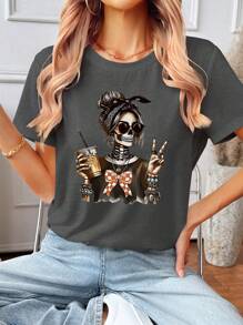 INAWLY Summer Casual Skull Girl Print Slim Fit T-Shirt For Women - Dark Grey - View 3