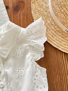 SHEIN LMoss Kids Babygirl 可爱白色刺绣花卉印花连体衣，夏季 - 白色 - 查看 4