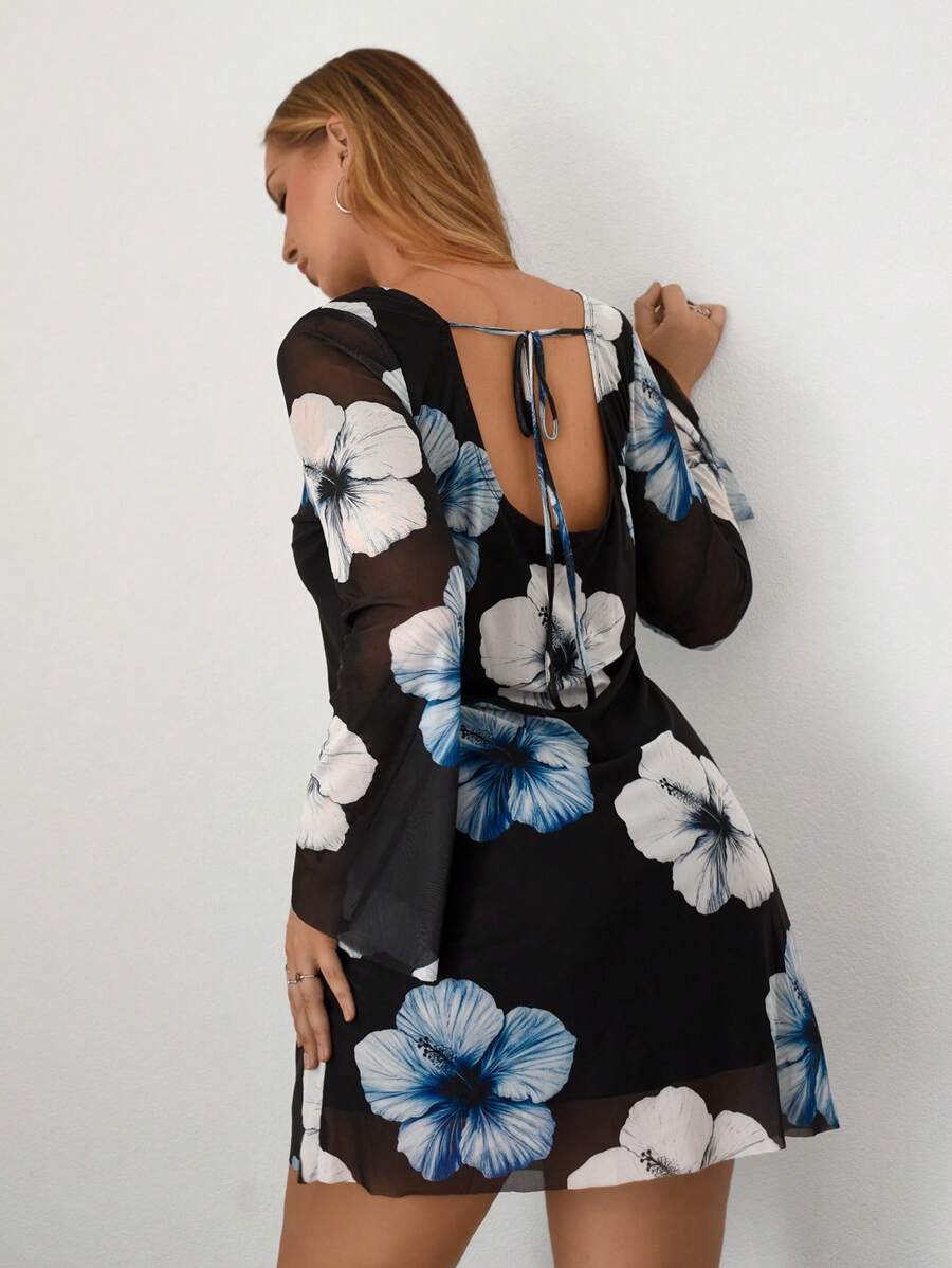 Auralis 大码女式花卉印花系带长袖时尚连衣裙 - 彩色 - 查看 1