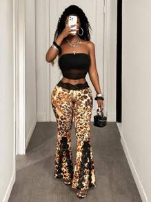 BamGleam Damen stilvolle Streetwear Lässig Leggings mit Leoparden-Muster und Spitze-Patchwork