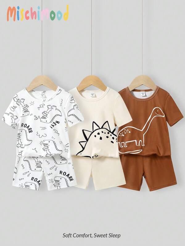SHEIN 4 pièces/set Jeune garçon imprimé de dinosaure de dessin animé, t-shirt à manches courtes doux et extensible avec short, ensemble de pyjama lavable en machine