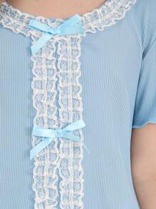 SHEIN Bộ 2 món cho bé gái tuổi mới lớn: Áo thun cổ tròn tay ngắn dệt kim gân và chân váy mini xếp ly cạp chun thoải mái - Màu xanh lam - Xem 5
