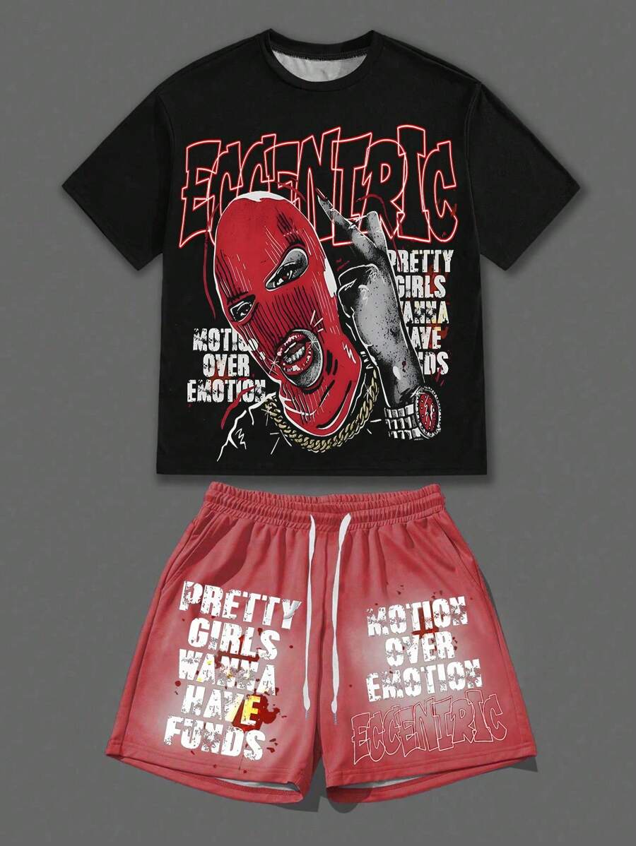 Manfinity EMRG 男士休闲卡通标语印花短袖T恤和短裤套装，夏季