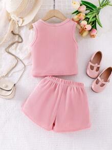 SHEIN Vintaside Kids 2pcs Young Girl Waffle Knit Lace Trim Floral Print Camisole Top And Shorts Set, Pink, Refreshing Summer Casual Holiday Outfit, Cute And Lively - Pink - View 2