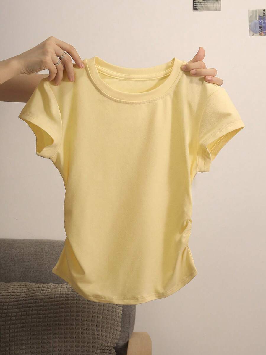 INAWLY Women's Casual Solid Color Ruched T-Shirt, Yellow Top, Versatile For Summer - Yellow - View 1