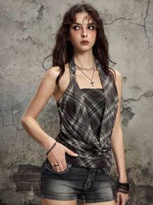 ROMWE J-Fashion 夏季海滩毕业复活节音乐会纳什维尔音乐节格子复古亚文化时尚网格网眼修身挂脖背心女式 - 棕色 - 查看 6