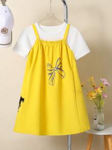 SHEIN Explorewe Tween Girls' Summer Bow Print Ruched Casual Camisole Tank Top - Yellow - View 5