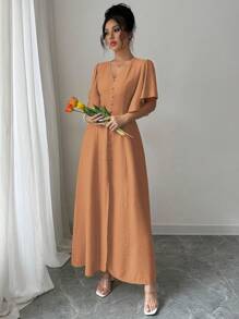Elenzga Abito midi elegante da donna con scollo a V e vita in vita, maniche a campana, decorato con bottoni, ideale per casual, tè pomeridiano, feste, vacanze e pendolarismo, primavera/estate
