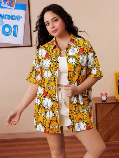 GARFIELD | SHEIN Plus Size Women's Summer Fall Autumn Y2k Cleanfit Atry Chic Cute Dreamy  Retro Vintage Casual Vacation Vibe Back To School Clothes  Kawaii  Streetwear Letter & Cartoon Yellow All-Over Print Loose Fit Drop Shoulder Blouse