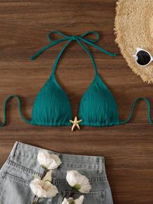 Swim Mod 女士纯色针织露背系带沙滩泳衣上衣 - 藍色 - 查看 3