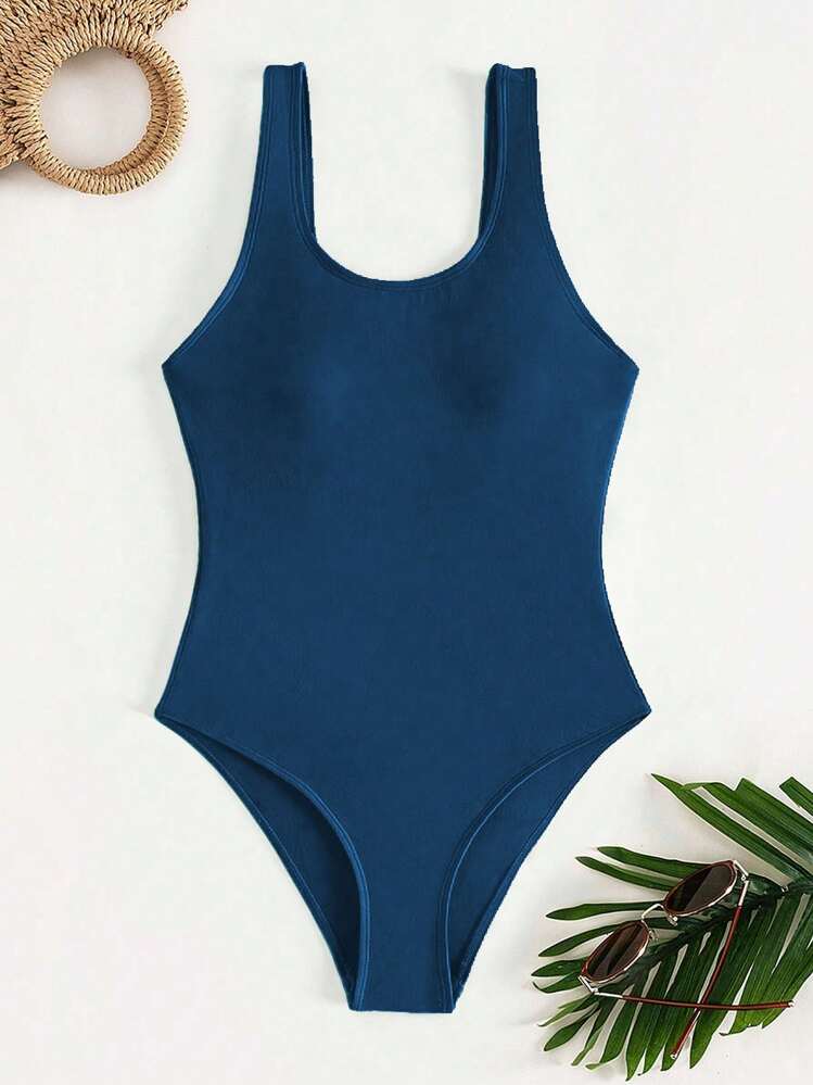 Swim Vcay Women's Solid Color One-Piece Swimsuit, Casual Beach Style, Summer - Teal Blue - View 5