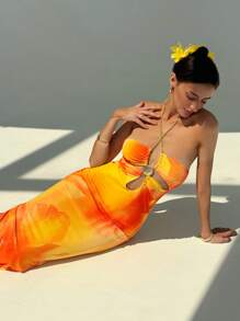 Aloruh 性感度假扎染花卉镂空吊坠修身网眼连衣裙，女款，春夏 - 彩色 - 查看 3