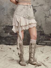 ROMWE Grunge Punk Minifalda de mezclilla con diseño desgastado, volantes y remiendo para mujer estilo Y2K