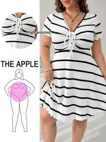 CovetEZ Vestido de línea A suave acanalado de manga corta para talla grande - Blanco y Negro - Ver 4