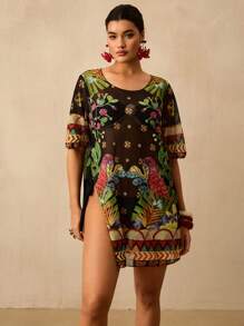 Travachic 加大码热带印花透明性感罩衫休闲度假海滩旅行宽松短袖套头衫