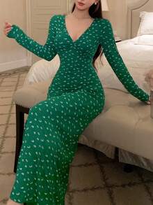 DAZY Váy ngủ dài cổ chữ V họa tiết hoa nhỏ xinh xắn, thiết kế dây rút, mặc mùa thu, mùa đông - màu xanh lá - Xem 6